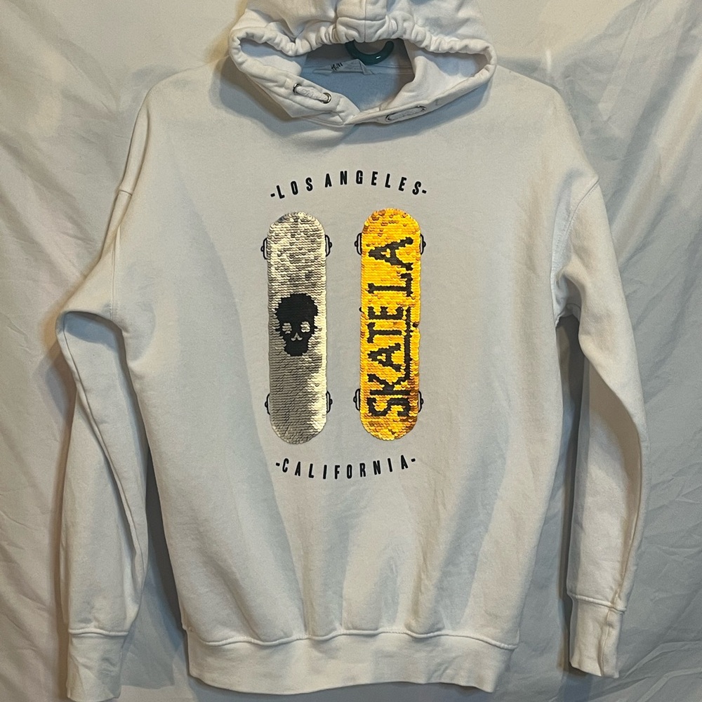 H&M White Skate LA Graphic Hoodie Sequin 2 Tone Reversible Kids Sz 10-12 W SzXS